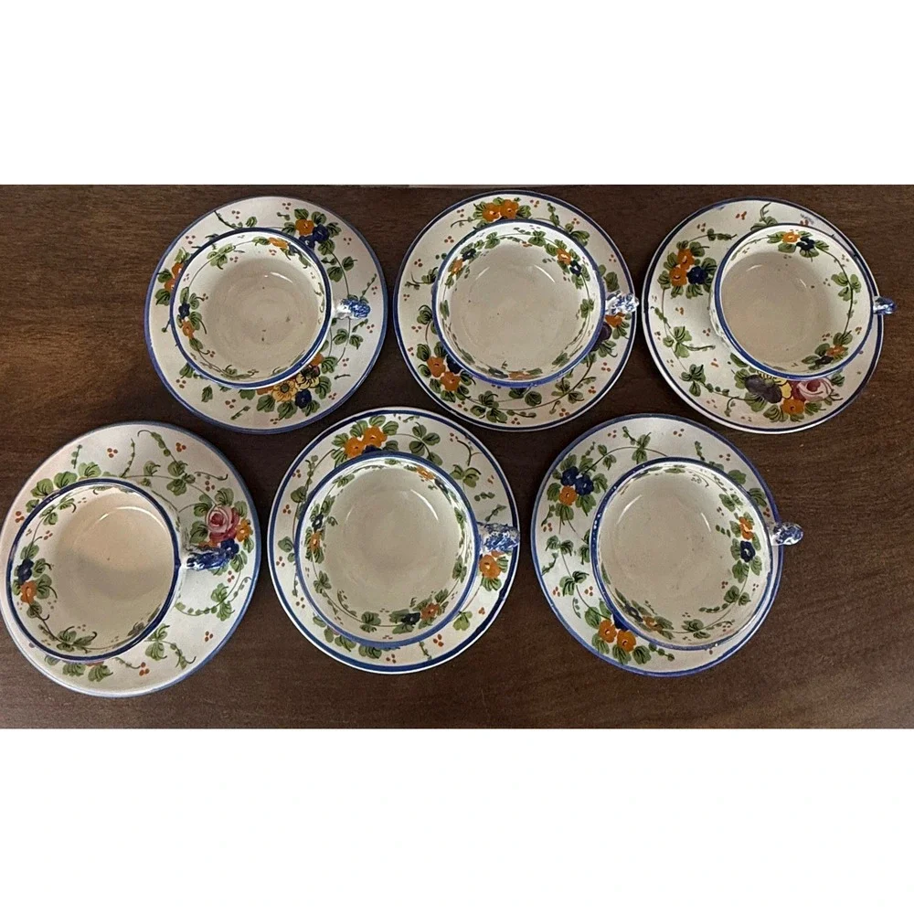 Vintage Majolica Italy Floral Stoneware Teacups and Saucers Set‎ of SIX (6)